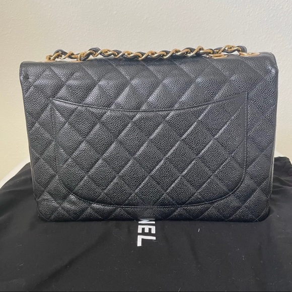 Sold 24k gold plated Black Chanel Caviar Jumbo single flap bag - Picture 4 of 17
